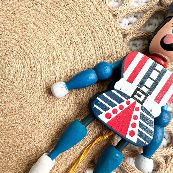 Vintage Wooden Soldier Red White Blue Holiday Articulated Dancing Pull Ornament - Picture 4 of 6